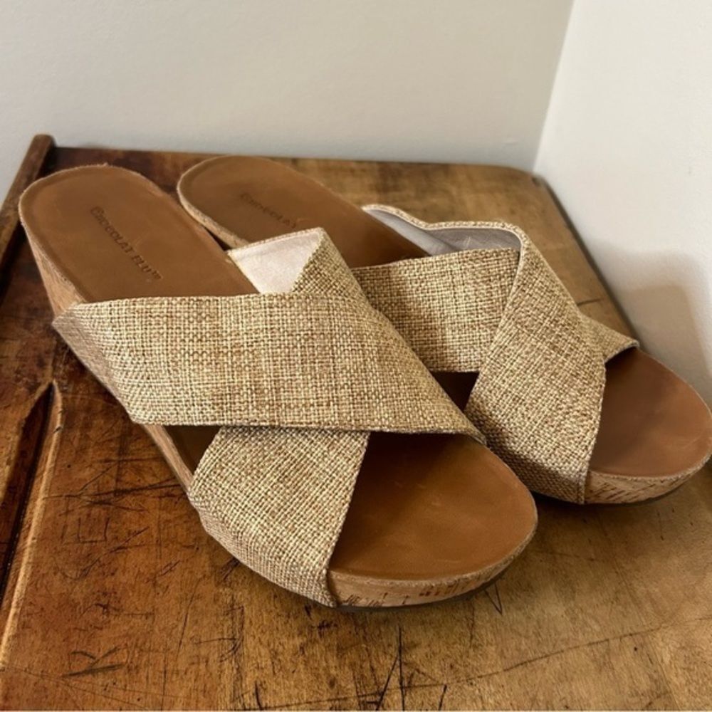 Chocolat Blu Melissa Cork Wedge Sandals Sand Cross Straps Women's 10